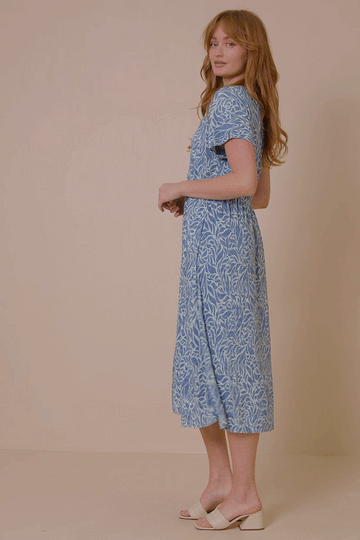 HK1873 BLUE Womens Abstract Botanical Print Wrap Dress Front